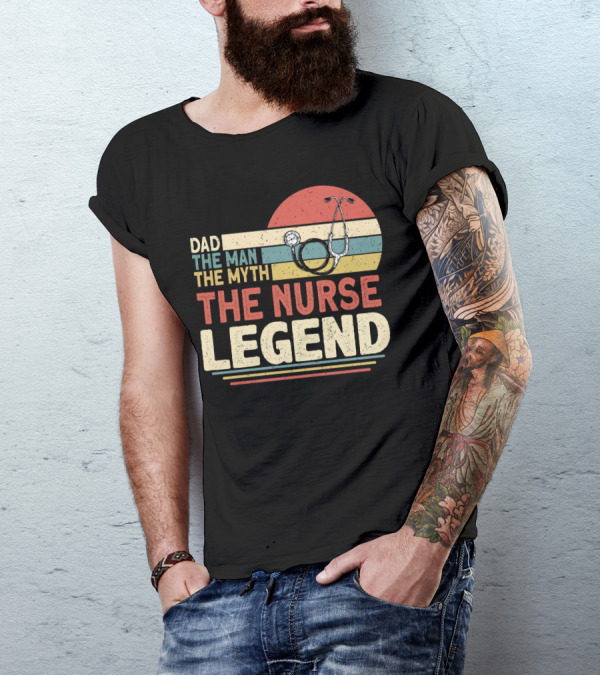 Dad The Man The Myth The Nurse Legend Vintage Stripes Stethoscope T-Shirt