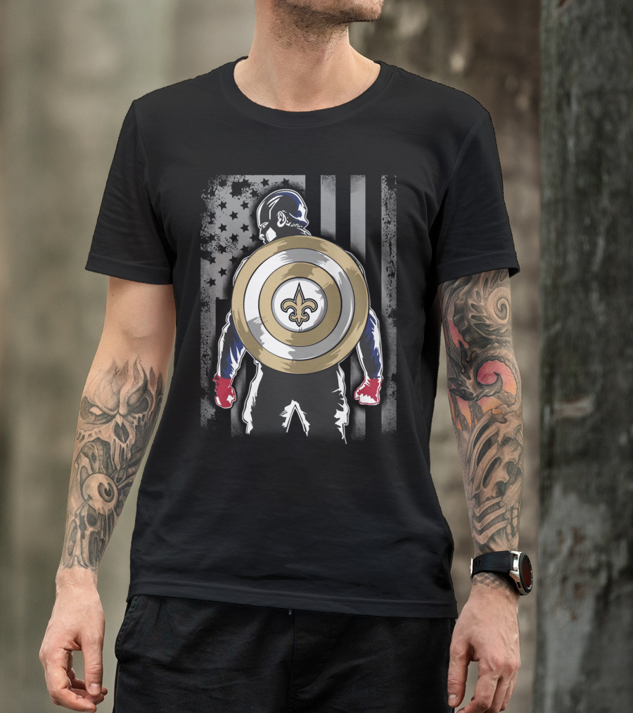 New Orleans Saints Captain America Shield Fleur-de-Lis American Flag Hero T-Shirt