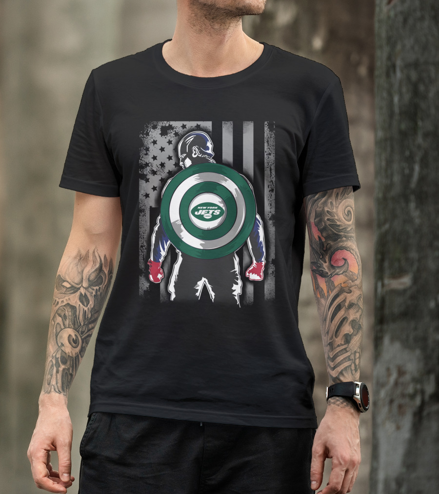 New York Jets Captain America Shield With Flag Background T-Shirt