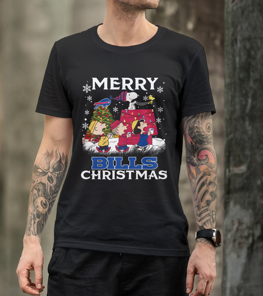 Buffalo Bills Snoopy Merry Christmas With Peanuts Characters And Festive Tree T-Shirt