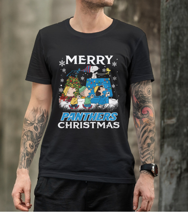 Merry Panthers Christmas Snoopy And Friends Holiday Scene T-Shirt