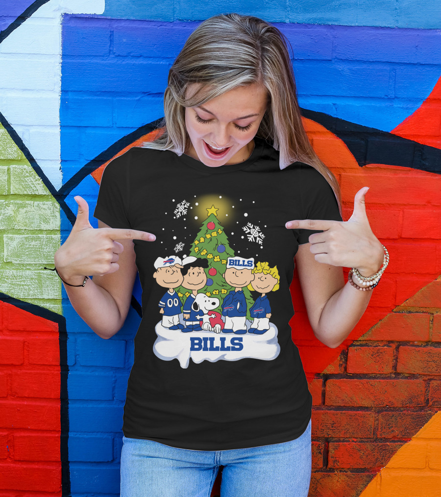 Snoopy And Peanuts Characters Celebrating With Buffalo Bills Christmas Tree T-Shirt