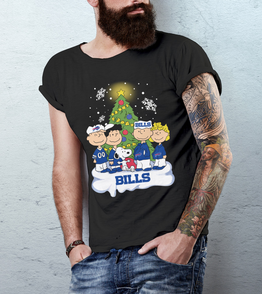 Snoopy And Peanuts Characters Celebrating With Buffalo Bills Christmas Tree T-Shirt