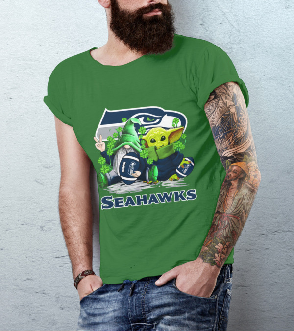 Seattle Seahawks St. Patrick's Day Gnome And Baby Yoda Football T-Shirt