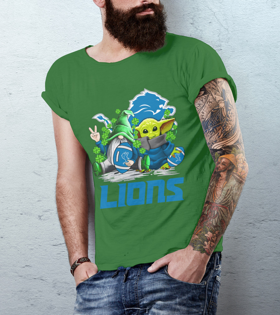 Detroit Lions St. Patrick's Day Gnome And Yoda Football T-Shirt