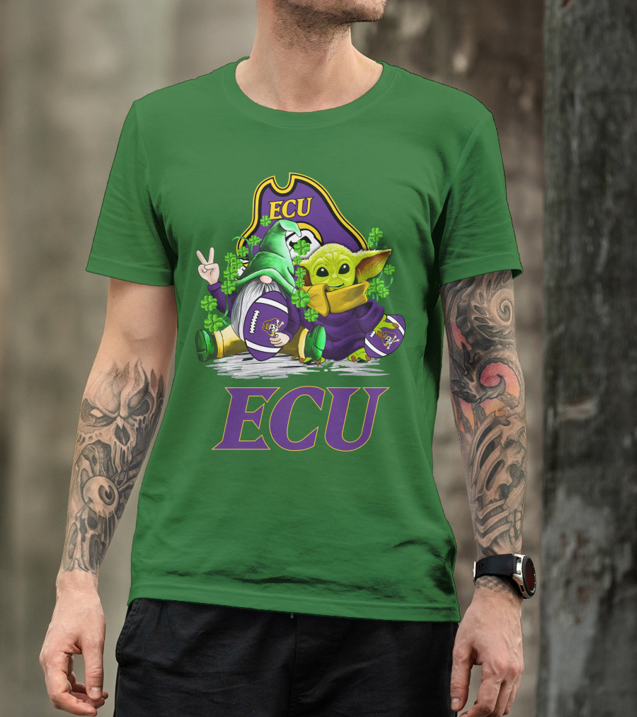 ECU East Carolina Pirates Football St. Patrick's Day Celebration With Gnome And Baby Alien T-Shirt