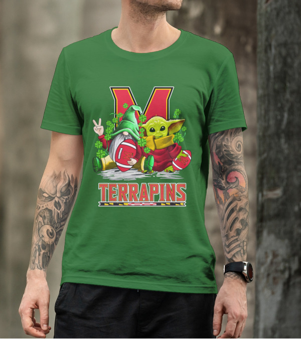 Maryland Terrapins Football St. Patrick's Day Gnome And Baby Yoda T-Shirt