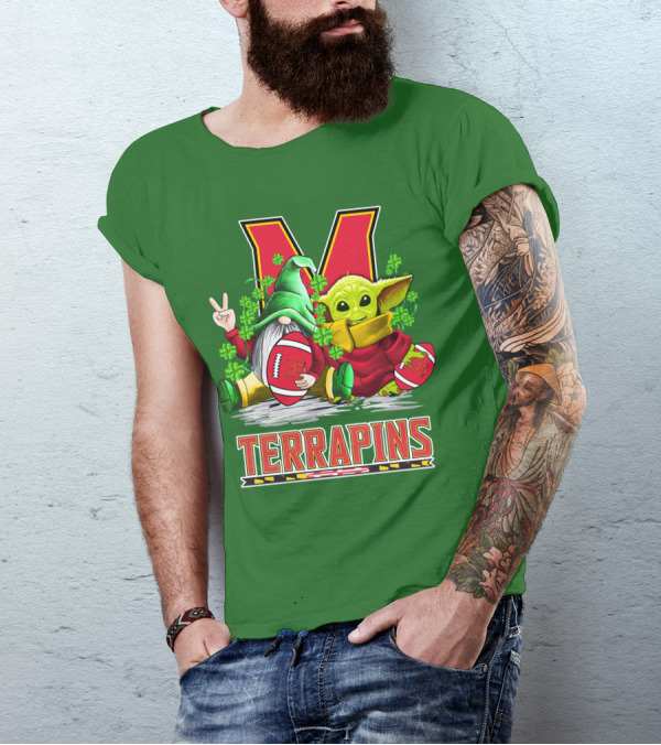 Maryland Terrapins Football St. Patrick's Day Gnome And Baby Yoda T-Shirt