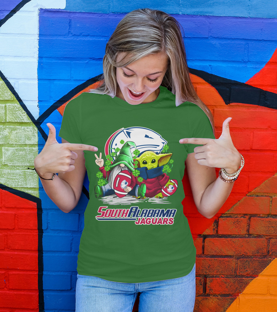 South Alabama Jaguars Football St. Patrick's Day Gnome And Baby Alien With Shamrocks T-Shirt