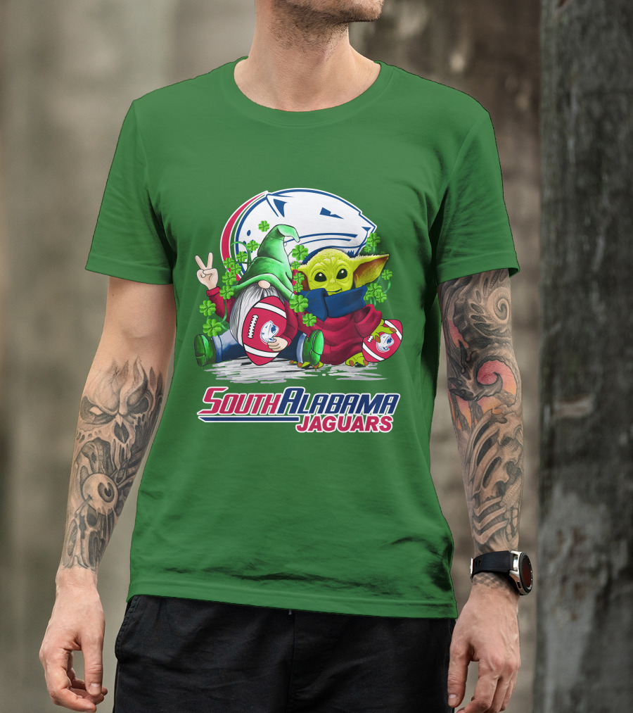 South Alabama Jaguars Football St. Patrick's Day Gnome And Baby Alien With Shamrocks T-Shirt