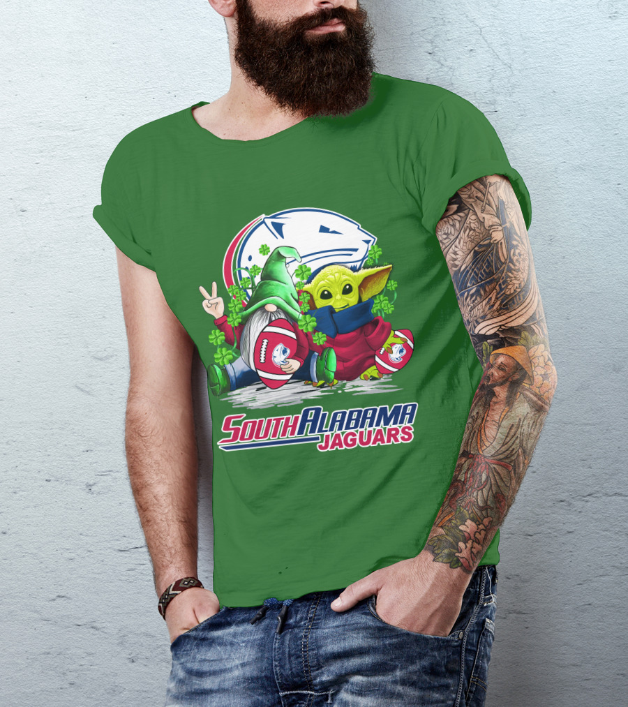 South Alabama Jaguars Football St. Patrick's Day Gnome And Baby Alien With Shamrocks T-Shirt