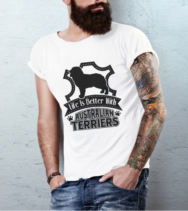 Life Is Better With Australian Terriers Silhouette Paw Print Emblem T-Shirt