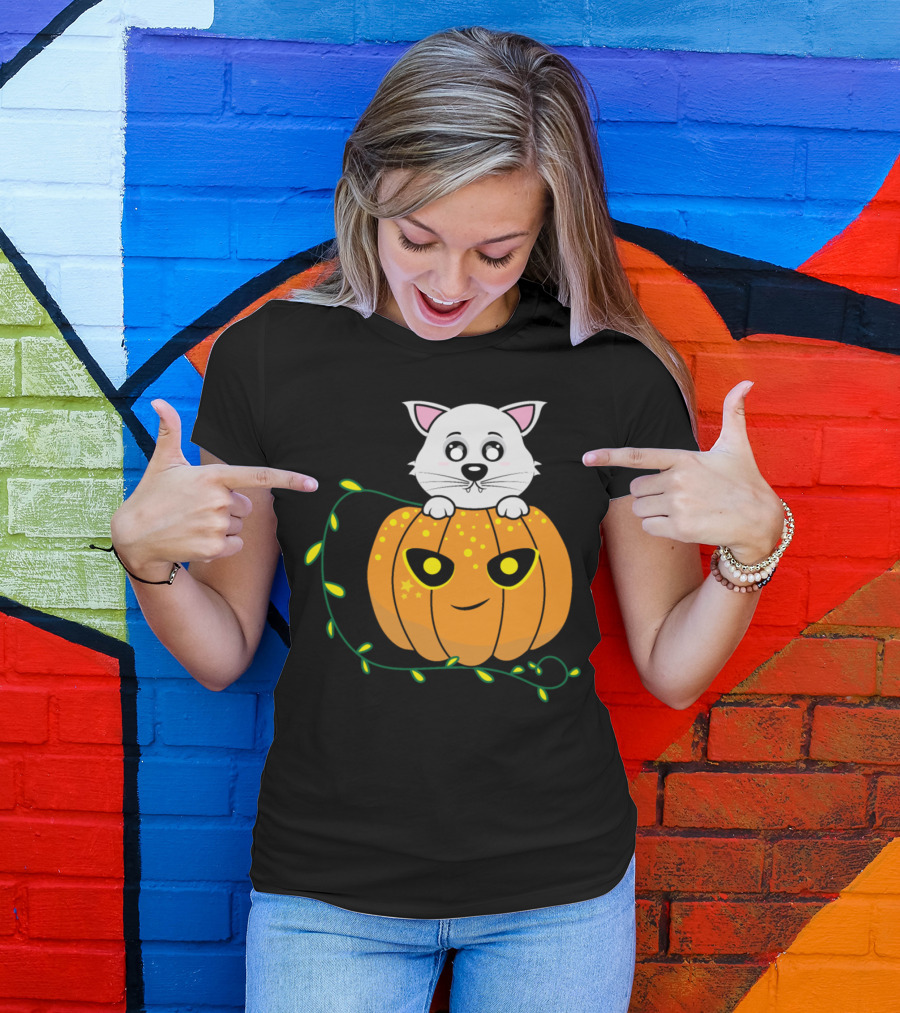 White Kitten On Glowing Pumpkin Cartoon With Leafy Vine T-Shirt