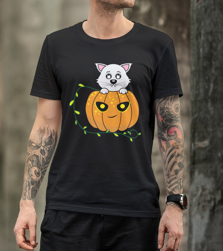 White Kitten On Glowing Pumpkin Cartoon With Leafy Vine T-Shirt