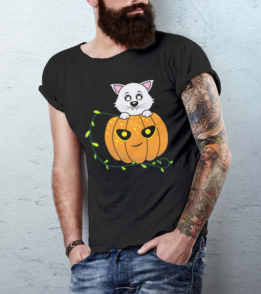 White Kitten On Glowing Pumpkin Cartoon With Leafy Vine T-Shirt