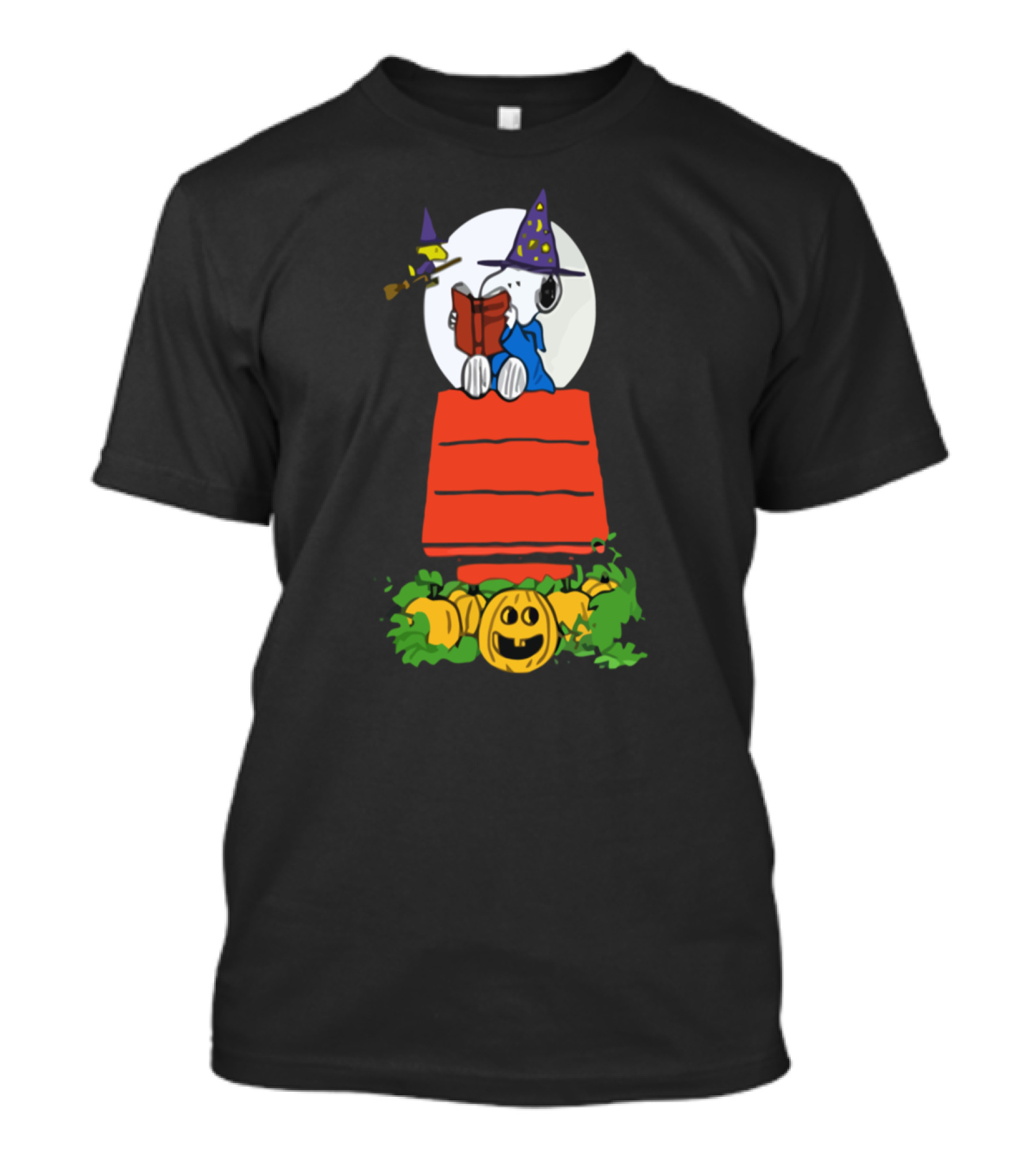 Snoopy Halloween Reading On Doghouse With Pumpkins And Moon T-Shirt