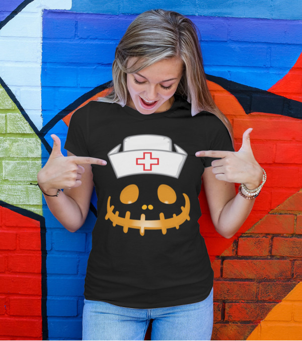 Nurse Pumpkin Face With Halloween Skeleton Mouth And Nurse Cap T-Shirt