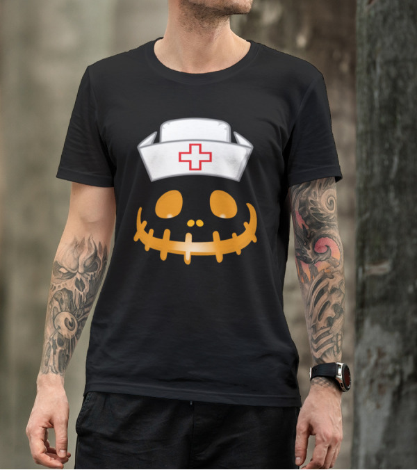 Nurse Pumpkin Face With Halloween Skeleton Mouth And Nurse Cap T-Shirt