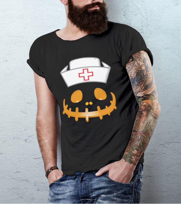 Nurse Pumpkin Face With Halloween Skeleton Mouth And Nurse Cap T-Shirt
