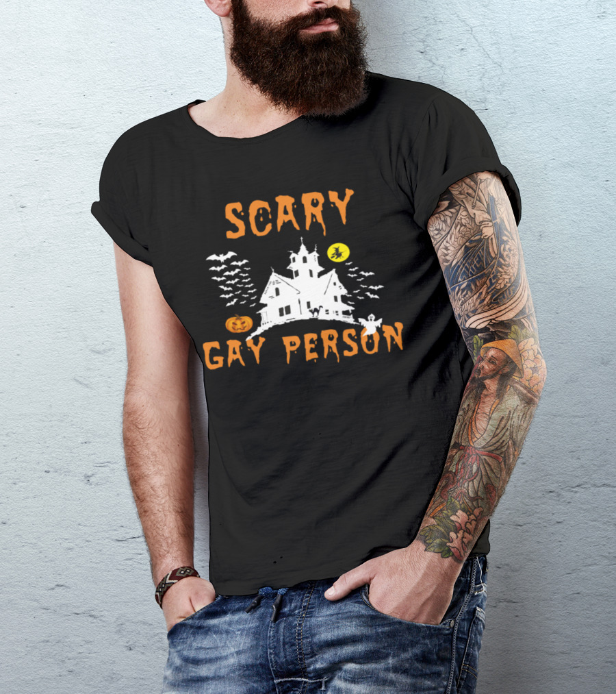 Scary Gay Person Haunted House Halloween Bats Pumpkin Ghost Moon T-Shirt