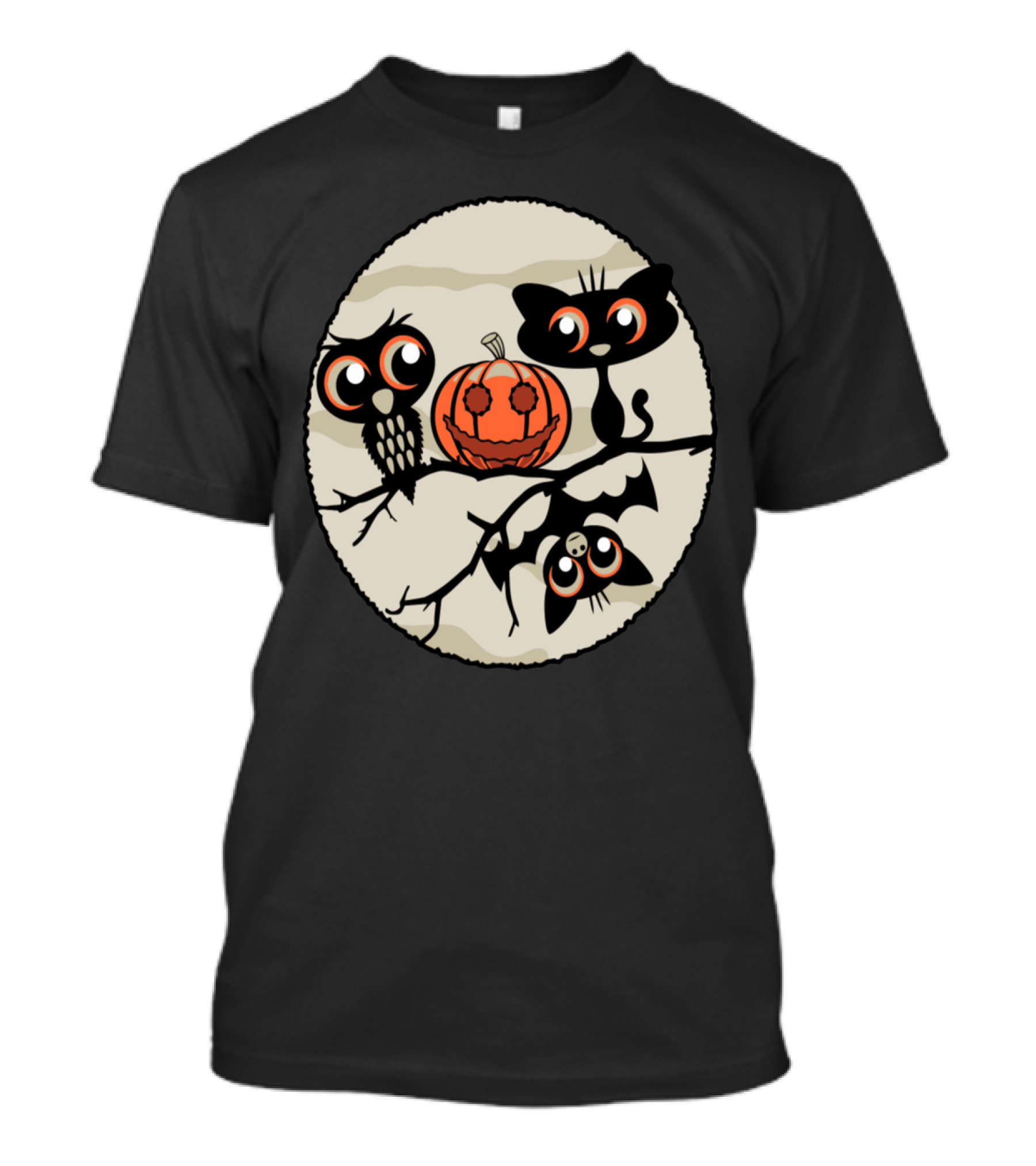 Cartoon Owls Cats And Bats Gathered Around Pumpkin T-Shirt