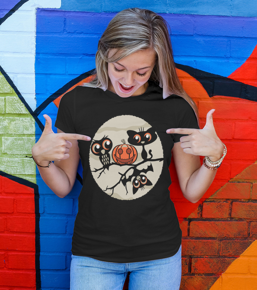 Cartoon Owls Cats And Bats Gathered Around Pumpkin T-Shirt