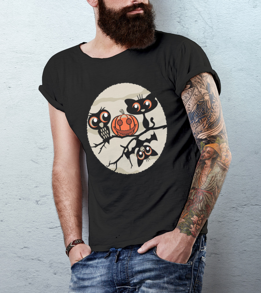 Cartoon Owls Cats And Bats Gathered Around Pumpkin T-Shirt