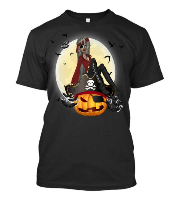Pirates And Pumpkins Oh Spooky Halloween Pirate Skull And Crossbones Jack-O'-Lantern Moon Bats T-Shirt