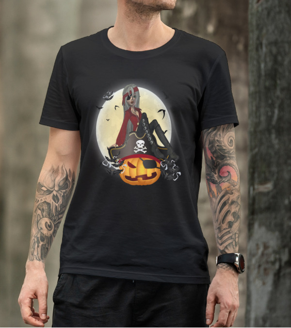 Pirates And Pumpkins Oh Spooky Halloween Pirate Skull And Crossbones Jack-O'-Lantern Moon Bats T-Shirt