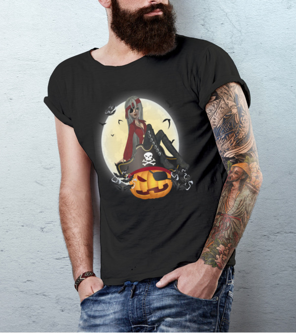 Pirates And Pumpkins Oh Spooky Halloween Pirate Skull And Crossbones Jack-O'-Lantern Moon Bats T-Shirt