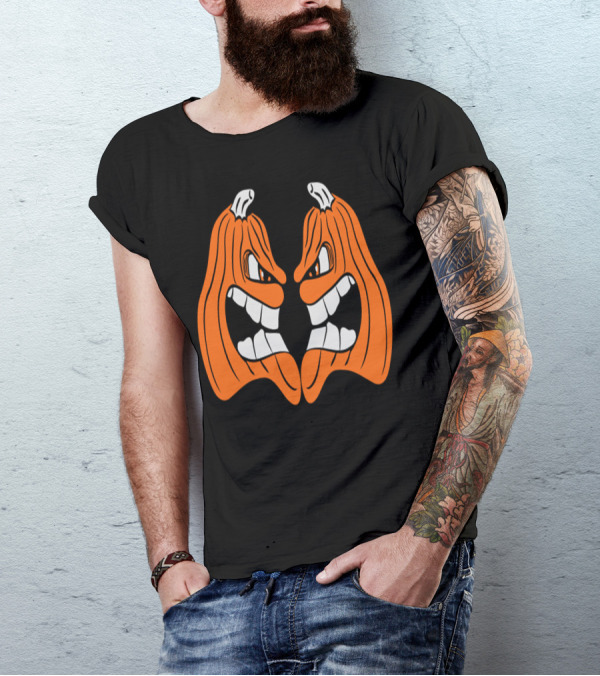 Two Angry Halloween Pumpkins Scowling Face To Face T-Shirt