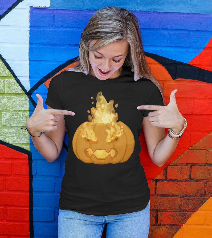 Halloween Pumpkin With Flames And Intense Scary Expression T-Shirt