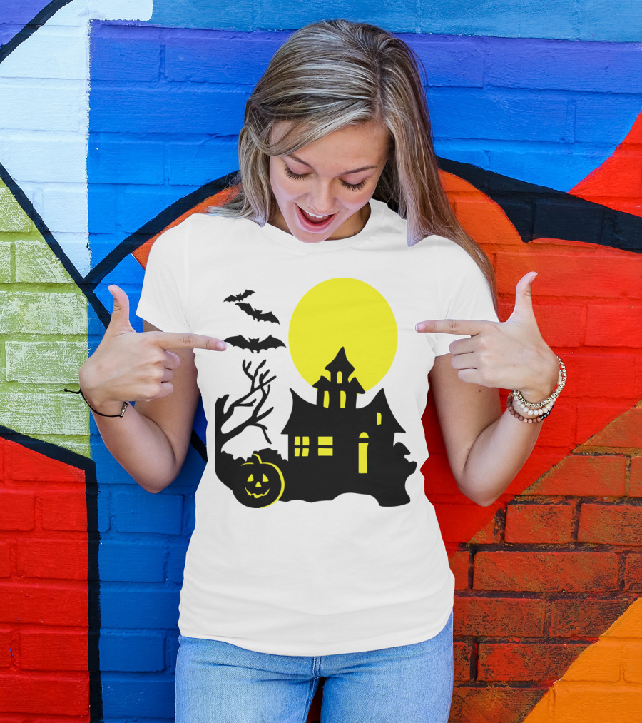 Halloween Pumpkin Bat Haunted House Silhouette Full Moon Scene T-Shirt