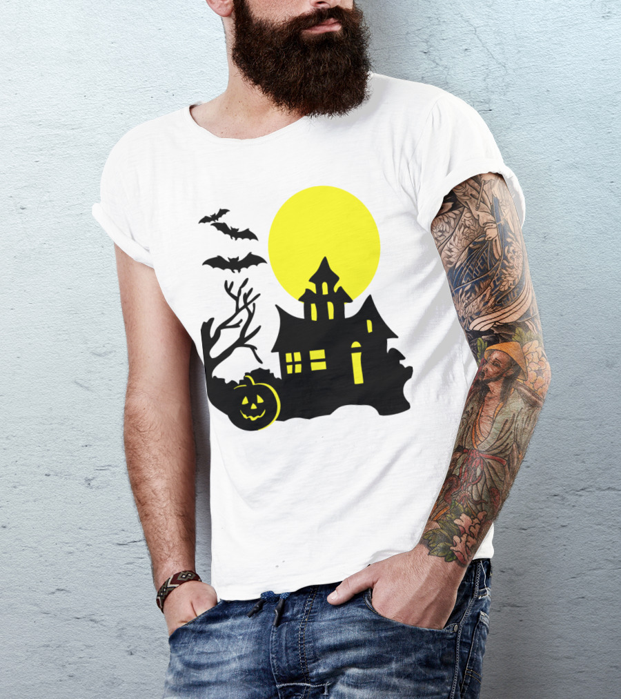Halloween Pumpkin Bat Haunted House Silhouette Full Moon Scene T-Shirt