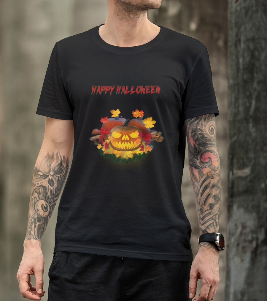 Happy Halloween Jack O' Lantern Autumn Leaves Pumpkin 400 T-Shirt
