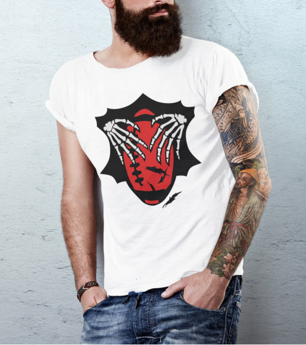American Football Skeleton Hands Grasping Football With Sharks T-Shirt