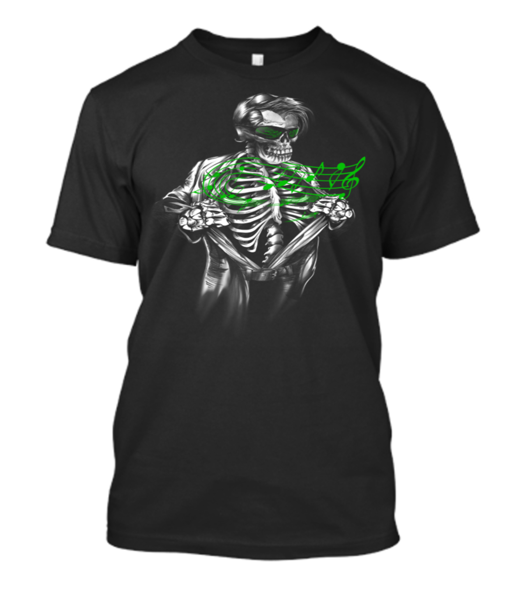 Superhero Skeleton With Musical Notes And Green Sunglasses T-Shirt