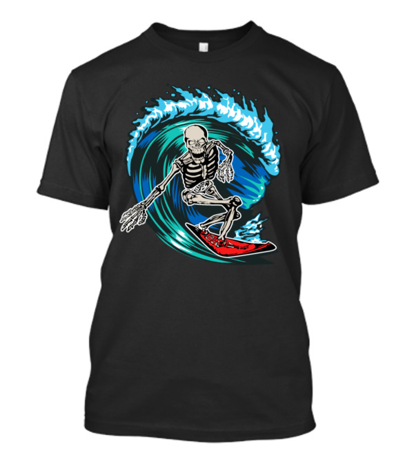 Skeleton Surfer Riding Ocean Wave On Red Surfboard T-Shirt