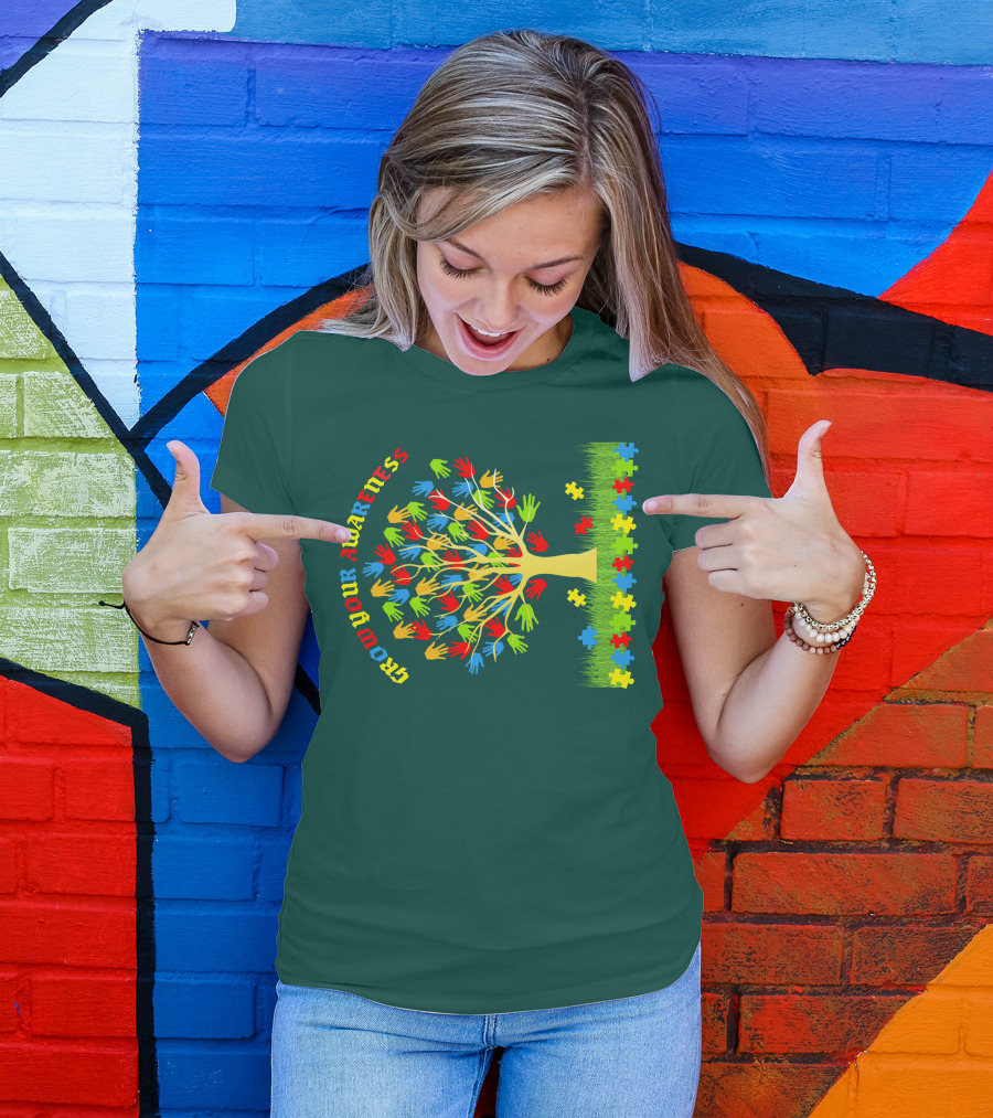 Grow Your Awareness Tree Of Colored Hands And Puzzle Pieces T-Shirt