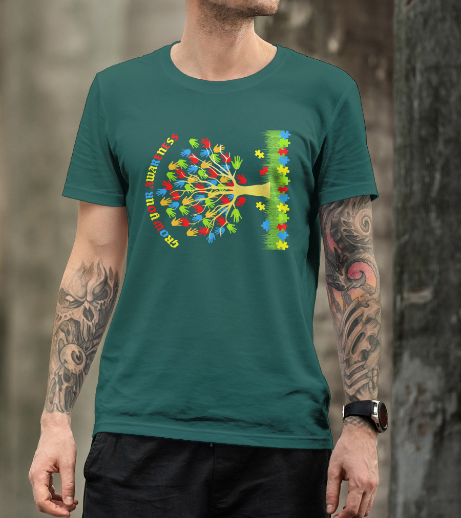 Grow Your Awareness Tree Of Colored Hands And Puzzle Pieces T-Shirt