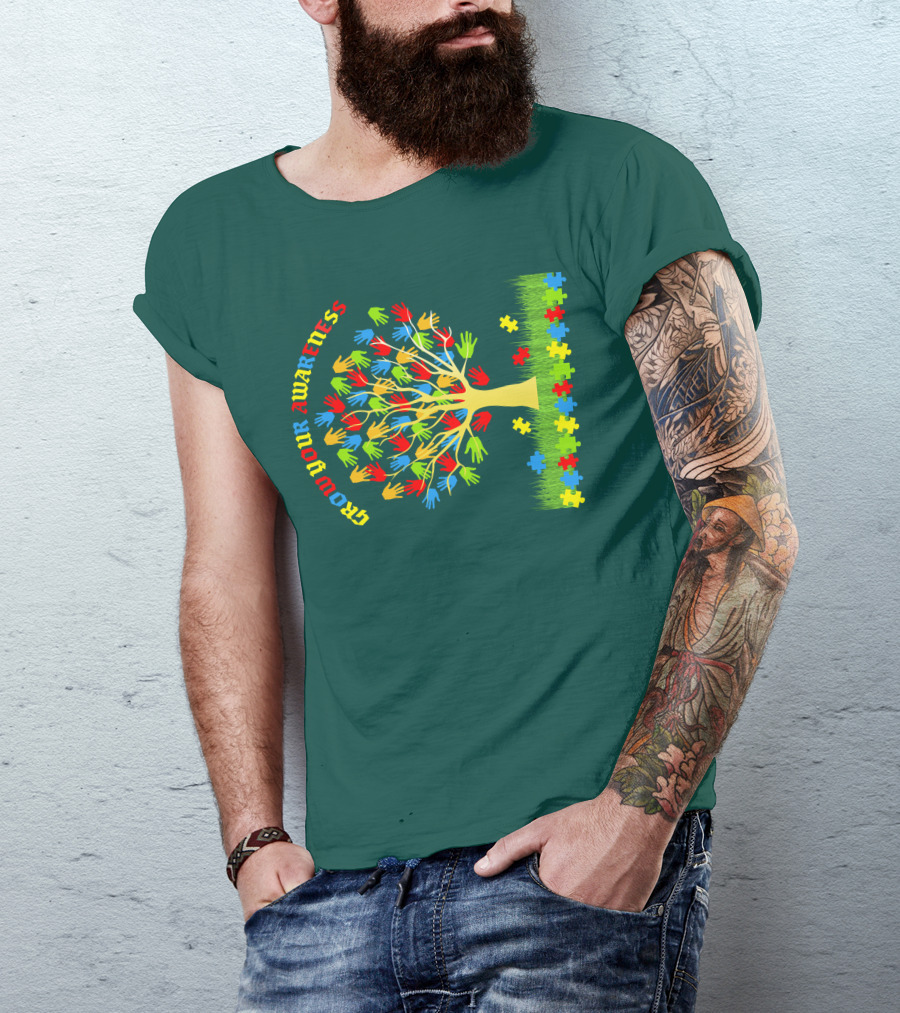 Grow Your Awareness Tree Of Colored Hands And Puzzle Pieces T-Shirt