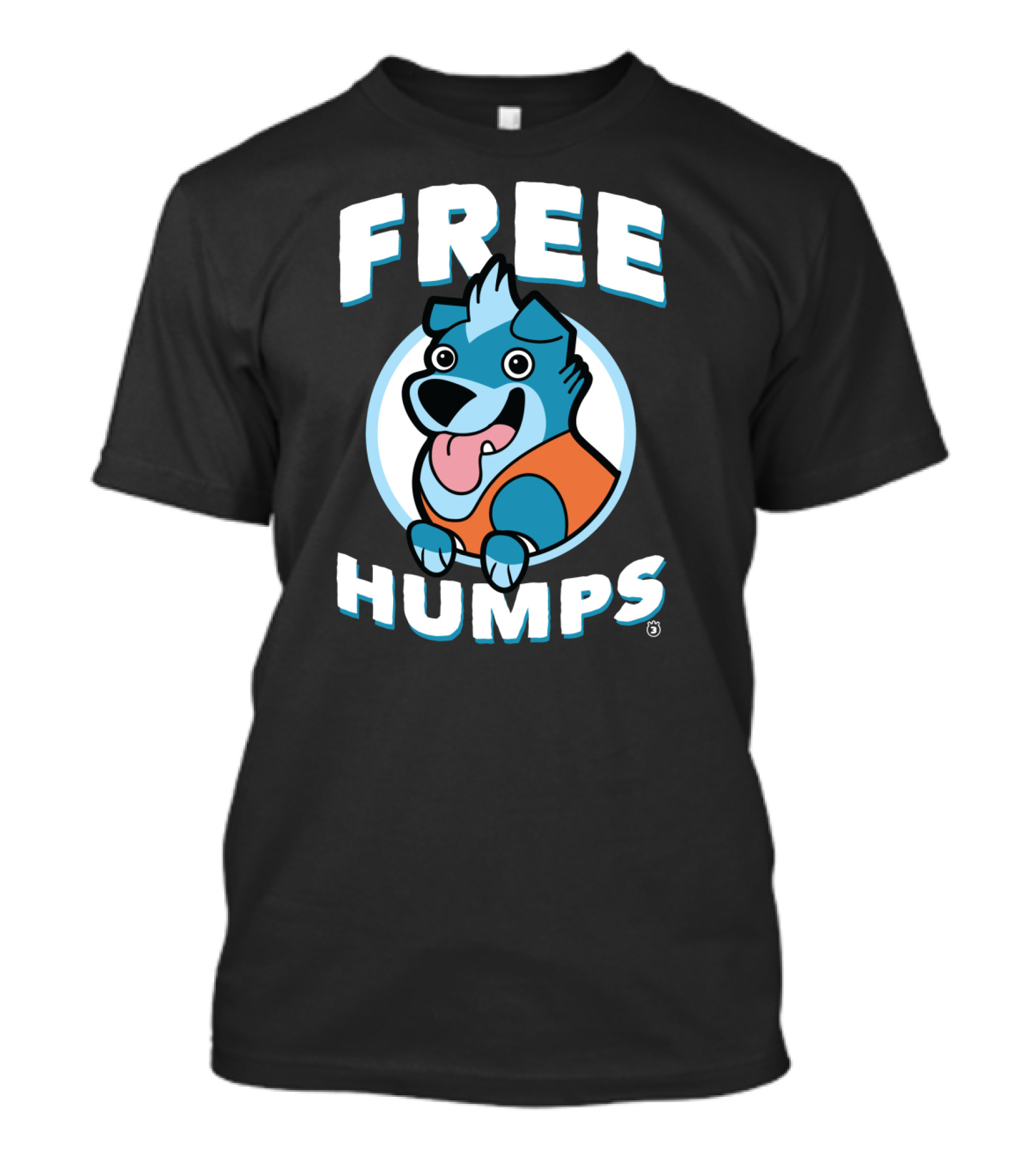 FREE HUMPS Cartoon Dog With Blue Fur And Orange T-Shirt