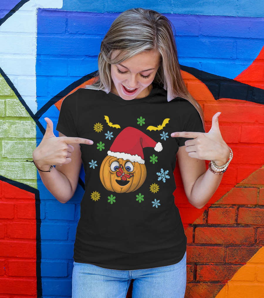 Halloween Christmas Pumpkin With Santa Hat Snowflakes And Bats T-Shirt