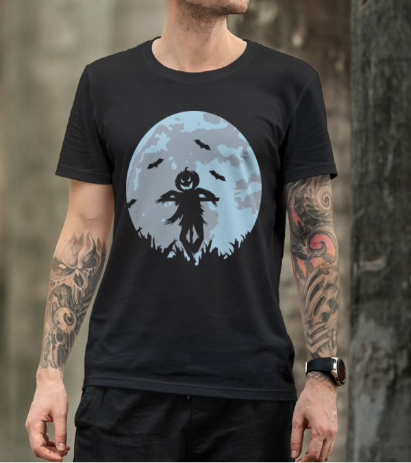 Pumpkin-Headed Scarecrow Silhouette With Bats And Full Moon In Cornfield Scene T-Shirt