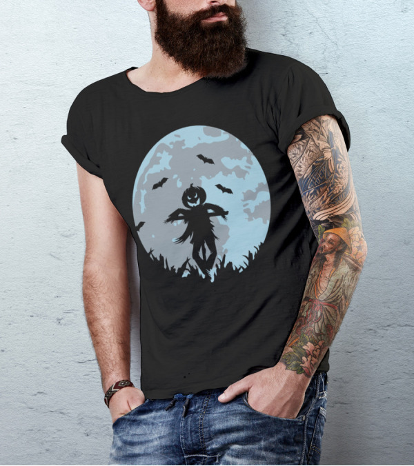 Pumpkin-Headed Scarecrow Silhouette With Bats And Full Moon In Cornfield Scene T-Shirt