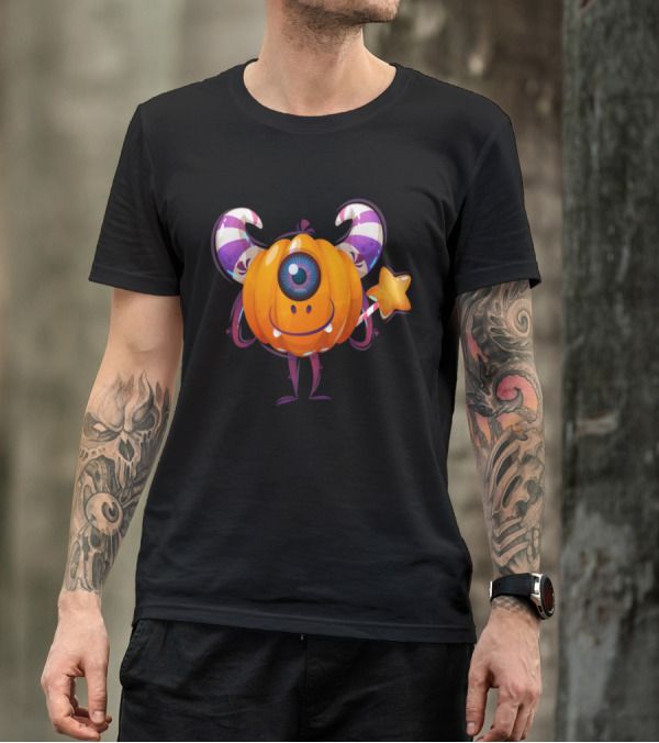 Whimsical Halloween Pumpkin Cyclops Monster With Magical Star Wand T-Shirt