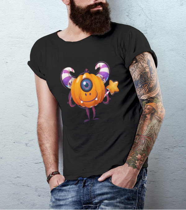 Whimsical Halloween Pumpkin Cyclops Monster With Magical Star Wand T-Shirt