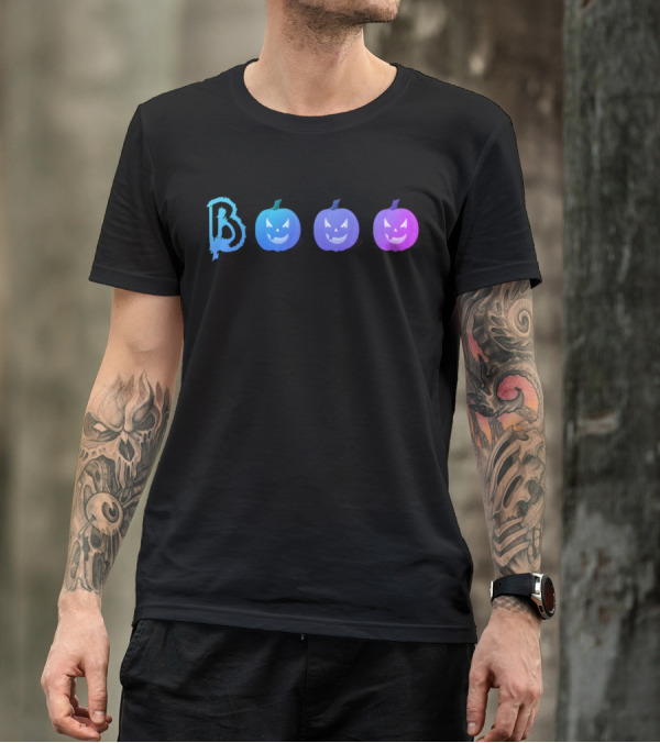 BOOO Text With Gradient-Shaded Jack-O'-Lanterns In Blue To Purple Tones T-Shirt