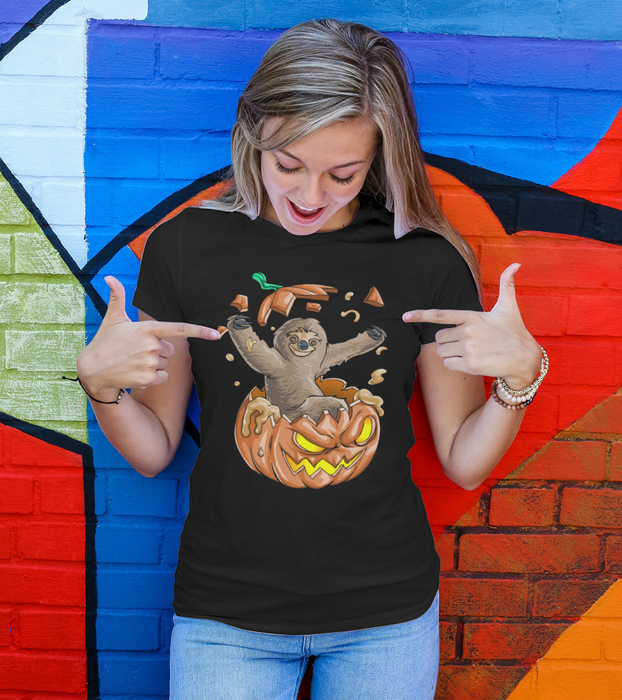 Sloth Bursting Out Of Jack-O'-Lantern Pumpkin T-Shirt