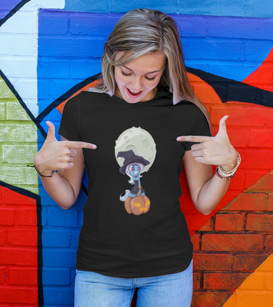 Be My Witch On Pumpkin Cute Witch Sitting On Jack-o'-Lantern Under Full Moon T-Shirt